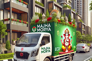 A Majha Morya-branded delivery tempo transporting eco-friendly Ganesh idols through a high-end urban area with premium buildings, elegant homes, and a sophisticated festive atmosphere