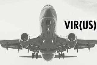Aeroplane taking off with the title of the novel ‘VIR(US)’ next to it