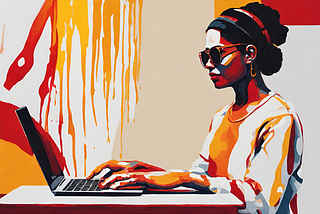 AI-generated image of a woman wearing sunglasses typing in a laptop.
