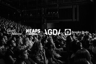 An image of the Design Conference crowd with Good Moves, Heaps Normal, AGDA and Breeder’ s logos overlaid.