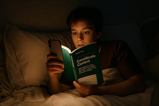 A person reading the book ‘Considerate Content’ by Rebekah Barry in bed by the light of a mobile phone.