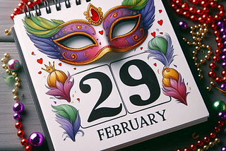 A desk calendar opened to February 29 is festooned with colorful Mardi Gras beads and a mask.