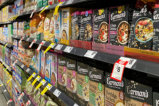 Boxes of breakfast cereal on the shelf of an aisle in a supermarket