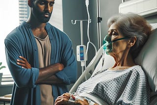 An old white woman is lying on a hospital bid with her eyes closed and wearing an oxygen mask. A young Tamil man is standing by her bedside watching her somberly.