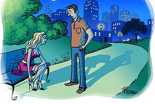 Comic illustration of a young couple in a park at night. The woman sits on a park bench, adjusting the strap on her shoe as a man stands in front of her. She says, “Shall we head back to my place, or shall we let our shadows have all the fun?” In the background, we see that the shadow they are casting makes it look as though her face is pressing against his crotch.