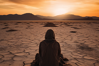 A person sitting in a barren landscape: the emotional and mental exhaustion, isolation, and emptiness associated with burnout.