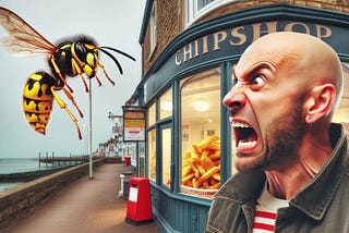 An angry wasp hovering outside a chip shop in a typical seaside town in the UK