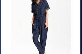 A woman wears an Old Navy dark denim jumpsuit