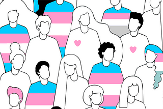 A line drawing of a group of people, some of whom are wearing shirts the colors of the transgender flag.