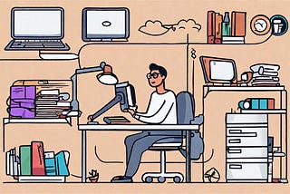 Image showing a man working behind a desktop at an office. AI image created in Runway using prompts by the author.