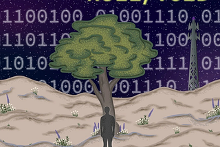 The Null/Void cover art: a dark silhouette stands beneath a tree in the middle of a desert. In the distance, a radio tower beams out to the world, whilst a pattern of zeroes and ones blankets the night sky.