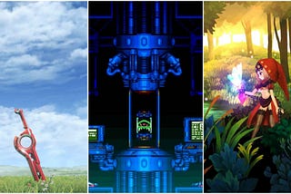 Screenshots from Xenoblade Chronicles Definitive Edition’s title screen, Super Metroid’s title screen, and the introduction video from Odin Sphere.