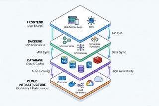 Website architecture layers showing frontend, backend, database, and cloud infrastructure for scalable web development