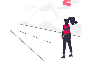 A drawing of a woman wearing a backpack standing in the middle of a deserted highway, with mountains in the background