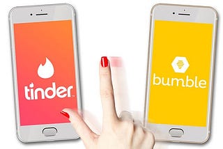A hand is shown swiping on two smartphones: the left displays the Tinder app with its signature flame logo on a red background, and the right shows the Bumble app with a honeycomb logo on a yellow background.