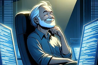 A cartoon of an older man in his office, leaning back with a pleased expression as he enjoys the glow from three computer screens displaying code.