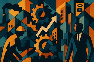 Cubist-style digital illustration of a modern industrial cityscape. On the left, a worker in a hard hat wields a tool; on the right, a suited business figure stands facing him. Between them, large interlocking gears and an upward white arrow symbolize progress and collaboration. Geometric buildings, factories, and abstract shapes in deep teal, amber, and ochre tones fill the background, representing the fusion of innovation, labor, and economic growth.