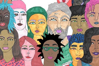 Illustration of faces of 11 women and men with different skin colors. Illustration by Daisy de Villeneuve