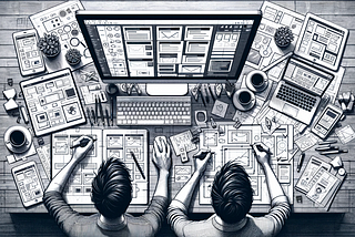 Dois designers vistos de cima em uma mesa cheia de drafts, com um computador trabalhando em alguns elementos que compõem um Design System