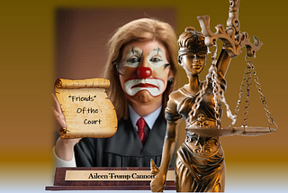 Clown-faced judge holding a “friend of the court” document with a lady justice standing beside her.