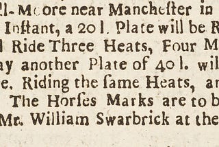 Eight-line newspaper advertisement for two horse races at Kersal Moor, May 1687. Entrants to register at the King’s Arms.