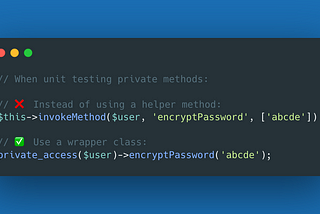 `private_access($user)->encryptPassword(‘abcde’);`