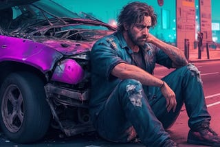 AI-generated image of a man sitting near the bonnet of his trashed purplecar thinking deeply