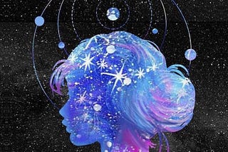 A profile drawing of a woman’s head set against a starry sky. She has galaxies in her silhouette, and planets orbit her.