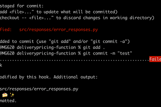 Showing successful black commit hook formatting my code.