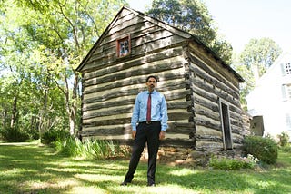 John King at Gaithersburg cabin where his great-grandfather was enslaved