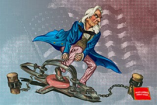 Uncle Sam in a leg-hold trap. The trap is staked to a log, against which rests a sign bearing the MAKE AMERICA GREAT AGAIN wordmark. In the background is a halftoned image of a waving US flag amidst the clouds.