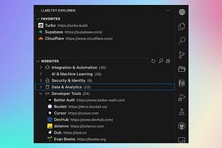 LLMS.TXT Explorer VSCode extension showing favorites and categorized websites supporting the llms.txt standard