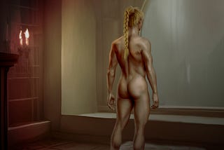 naked muscular woman from the back, gazing out a large window in a fantasy scene