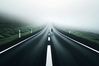 A straight black asphalt road with white dividers stretches into foggy infinity, flanked by green grass. A jogger runs away from the camera, moving along the road into the fog.