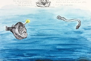 Painting of a woman sitting in meditation lost in thought, on top of an ocean where an angler fish and lamprey eel swim.