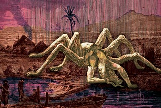 A giant arachnoid woman arched backwards on the banks of a tropical river alongside which stand armed men. Behind loom palms, mountains and a smoking volcano. Rain sleets down over the scene.