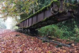 A railroad turntable sitting upon two sets of wheels on tracks in the forest
