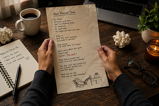Warm cinematic workspace featuring a handwritten letter to a future self, coffee, notebook, and quiet reflections on procrastination and starting again.