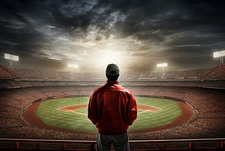 Young man standing, looking at fog-swirled baseball stadium.