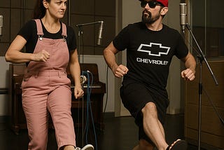 A woman in pink overalls and a black shirt and a man in a black T-shirt, red baseball cap, and sunglasses are standing in a recording studio. Both are mid-step with one leg lifted, as if dancing or performing. Two microphones are set up in front of them, and there is a piano in the background.