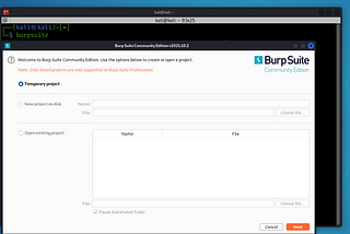 Shows Linux command line “burpsuite” with a picture of the application opening successfully.