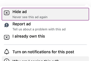 Drop down menu of clicking on a sponsored Facebook post in order to hide or report the ad.
