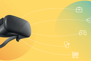 An artist visualization of the metaverse portraying a VR headset (image from Freepik.com) along with icons representing business, education, gaming, healthcare, and retail.