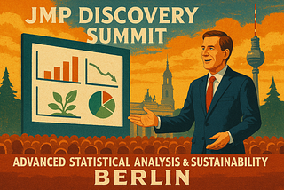 Man speaks before an audience. The screen on the left shows analytical tools, graphs, and a plant. On the backround is the skyline of Berlin.