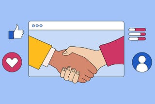 Two hands shaking. The hands are framed by a Facebook/Meta style web browser frame.
