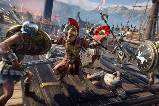 Assassin’s Creed Odyssey combat — warriors clash on a ship deck