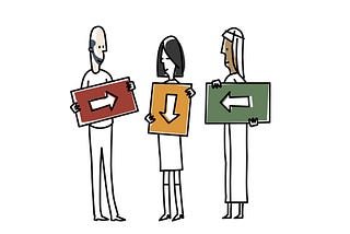 Illustration of three people from different cultures holding boards with arrows pointing in different directions.