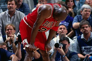 Michael Jordan in Game 5 versus the Utah Jazz of the 1997 NBA Finals, now know in infamy as “The Flu Game”