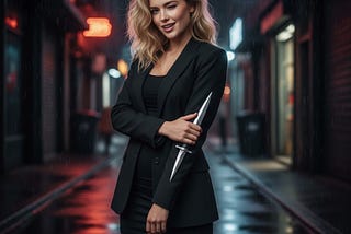 Blonde woman in black, winking, and holding a stiletto.