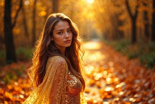 A woman in an autumnal forest.